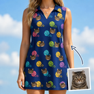 Woman wearing Women's Yarn Yowls Custom Cat Face V-Neck Dress — custom faces printed all-over