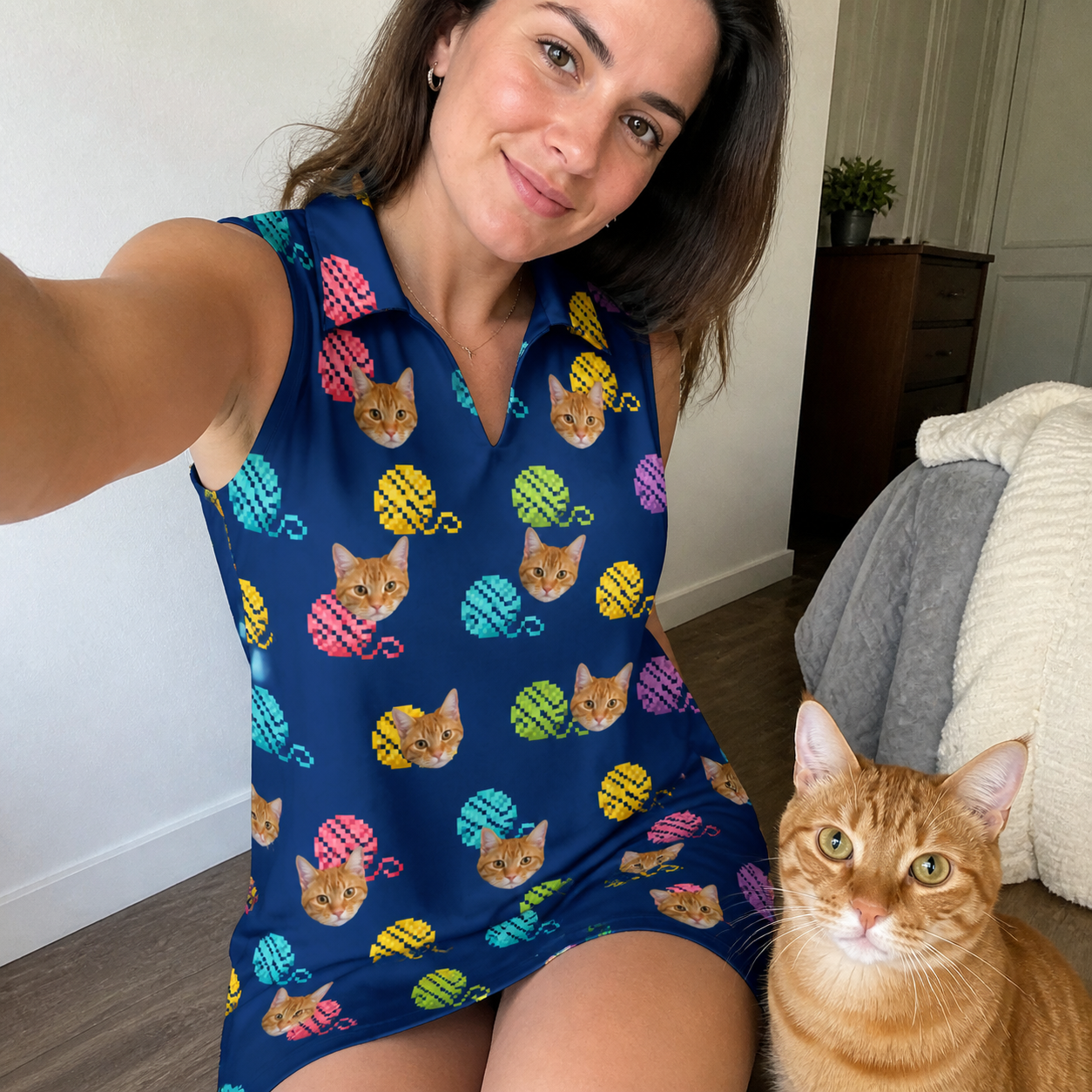 Selfie with the pet whose face is printed all over this Women's Yarn Yowls Custom Cat Face V-Neck Dress