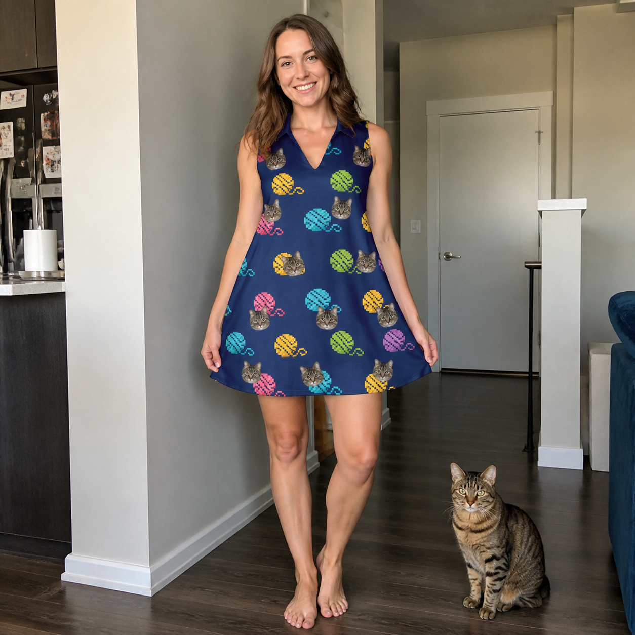 Full-length photo with the pet printed all over this Women's Yarn Yowls Custom Cat Face V-Neck Dress
