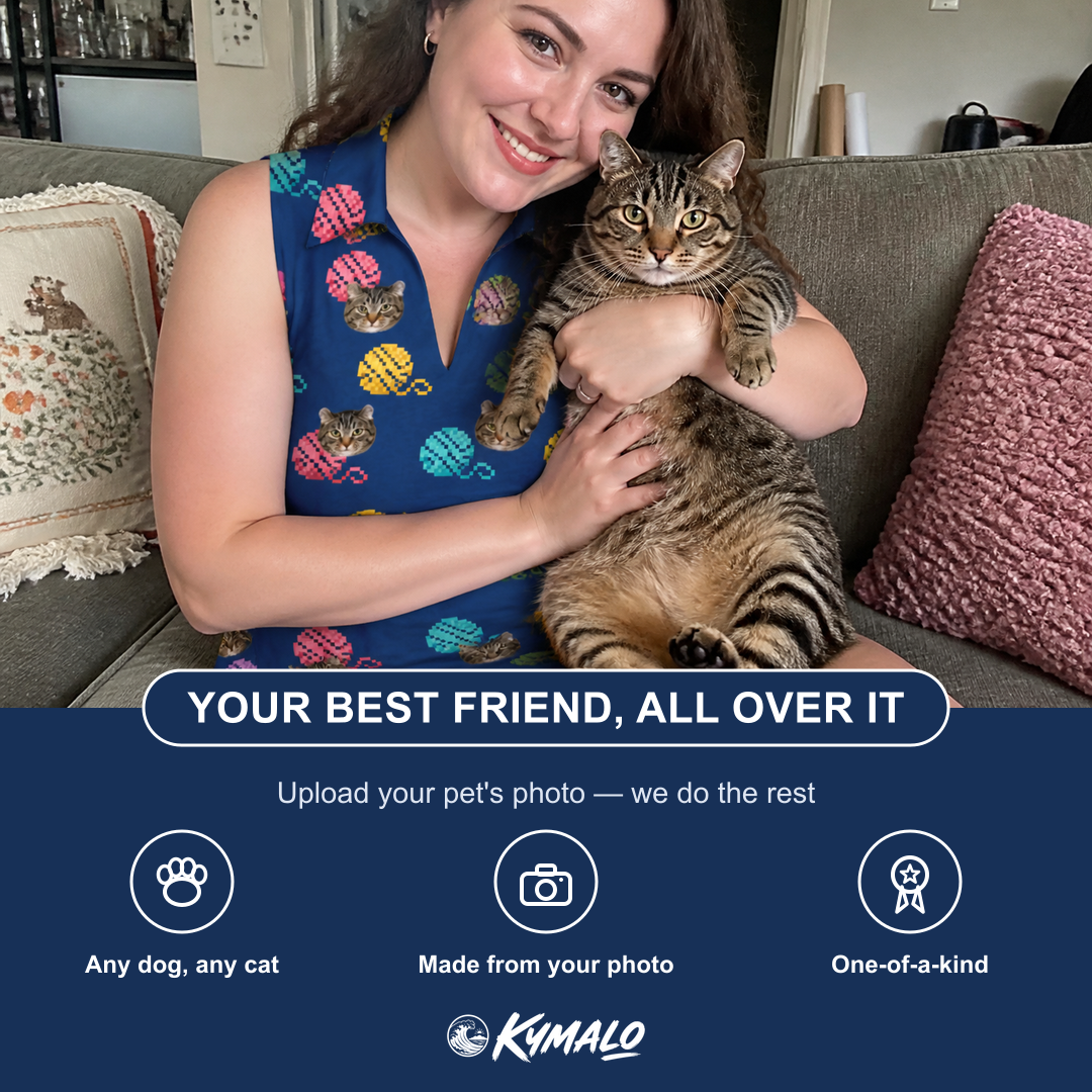 Friends in matching Women's Yarn Yowls Custom Cat Face V-Neck Dress — a group gift photo