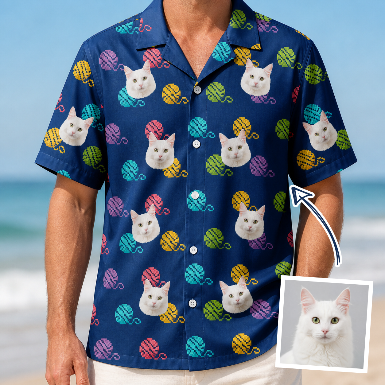 Man wearing Men's Yarn Yowls Custom Cat Face Hawaiian Shirt — custom faces printed all-over
