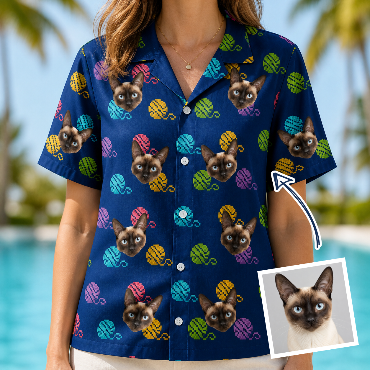 Woman wearing Women's Yarn Yowls Custom Cat Face Hawaiian Shirt — custom faces printed all-over