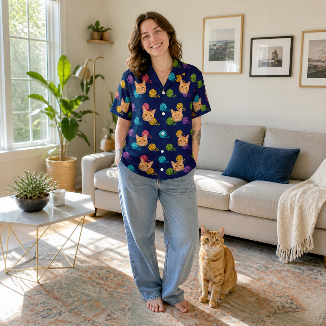 Full-length photo with the pet printed all over this Women's Yarn Yowls Custom Cat Face Hawaiian Shirt