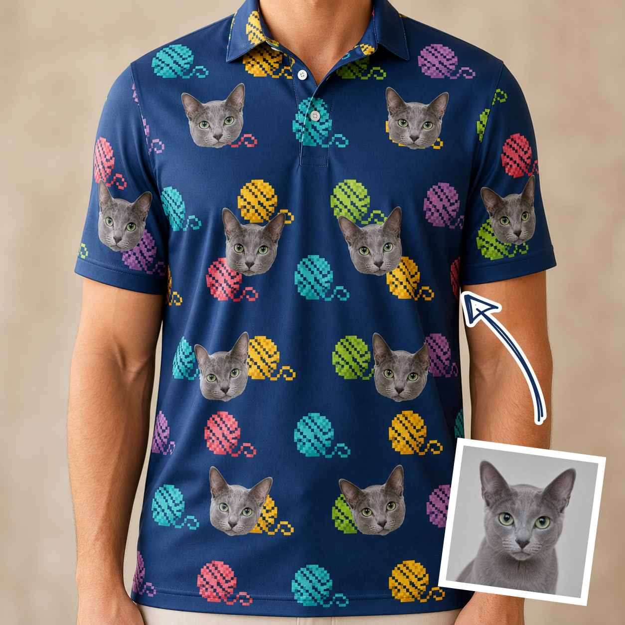 Man wearing Men's Yarn Yowls Custom Cat Face Polo Shirt — custom faces printed all-over