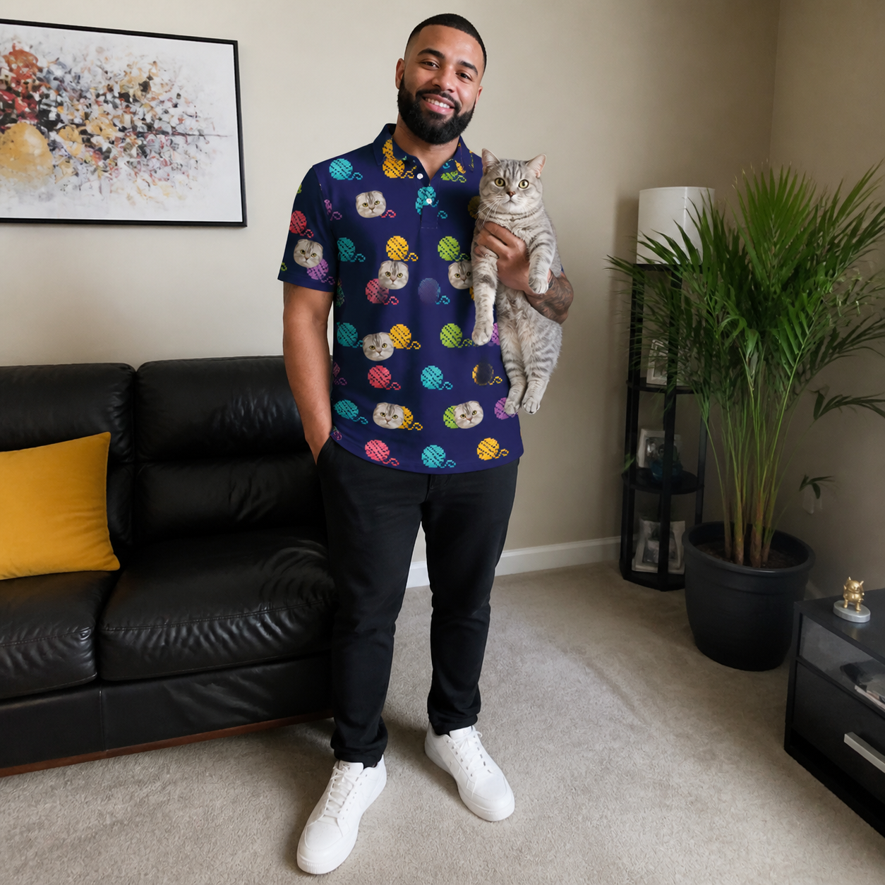 Full-length photo with the pet printed all over this Men's Yarn Yowls Custom Cat Face Polo Shirt