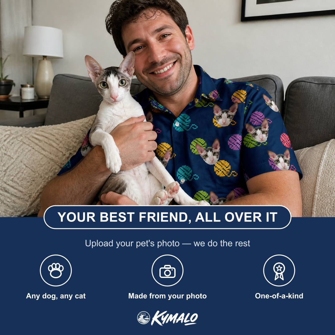 Friends in matching Men's Yarn Yowls Custom Cat Face Polo Shirt — a group gift photo