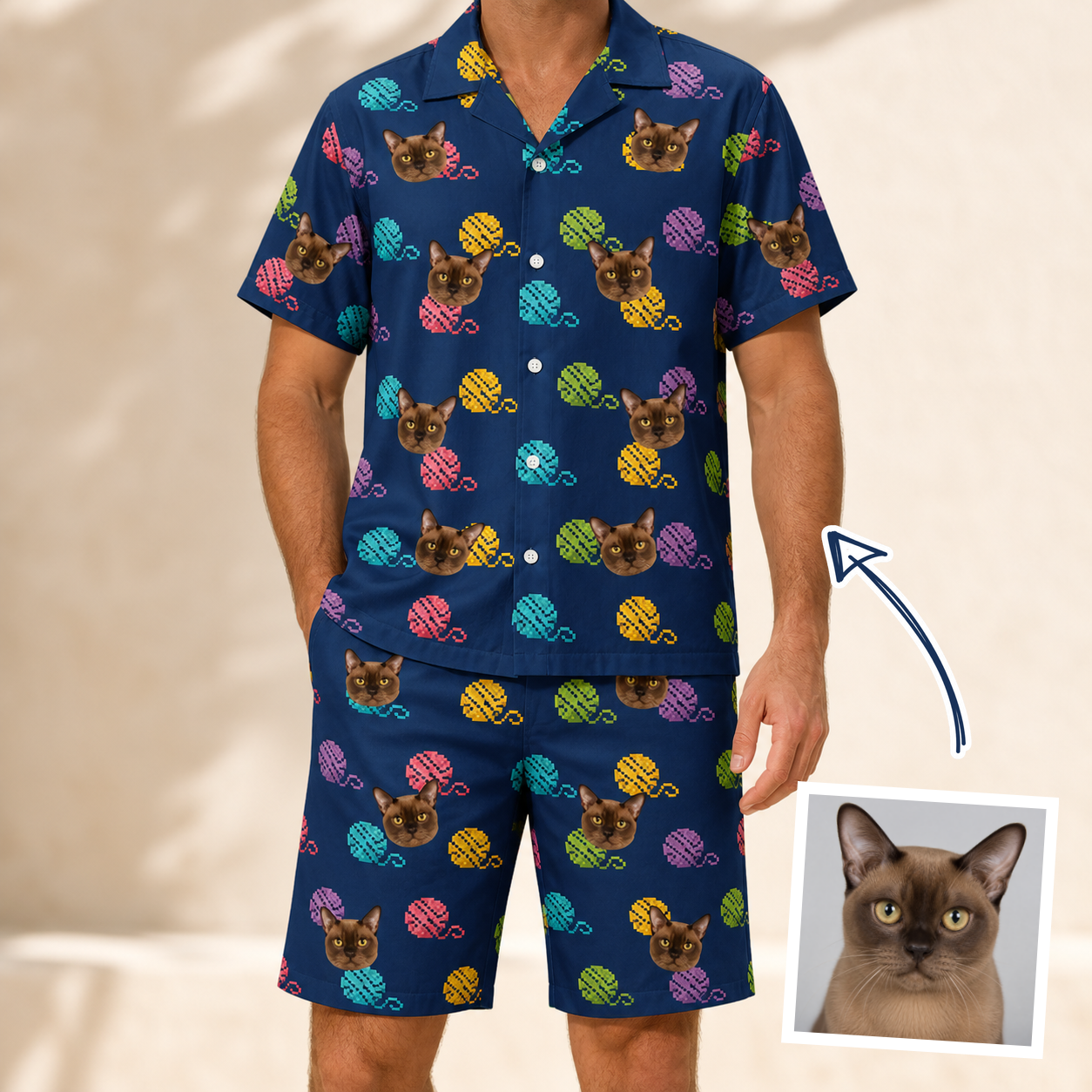 Man wearing Men's Yarn Yowls Custom Cat Face Shirt & Shorts Set — custom faces printed all-over