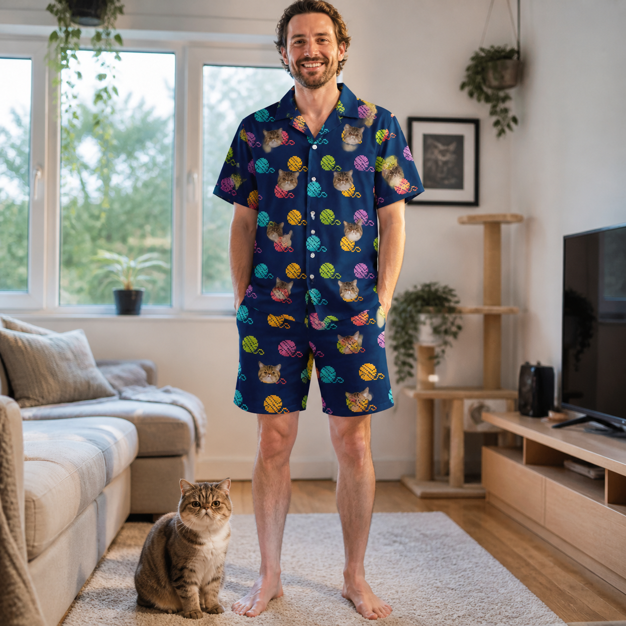 Full-length photo with the pet printed all over this Men's Yarn Yowls Custom Cat Face Shirt & Shorts Set