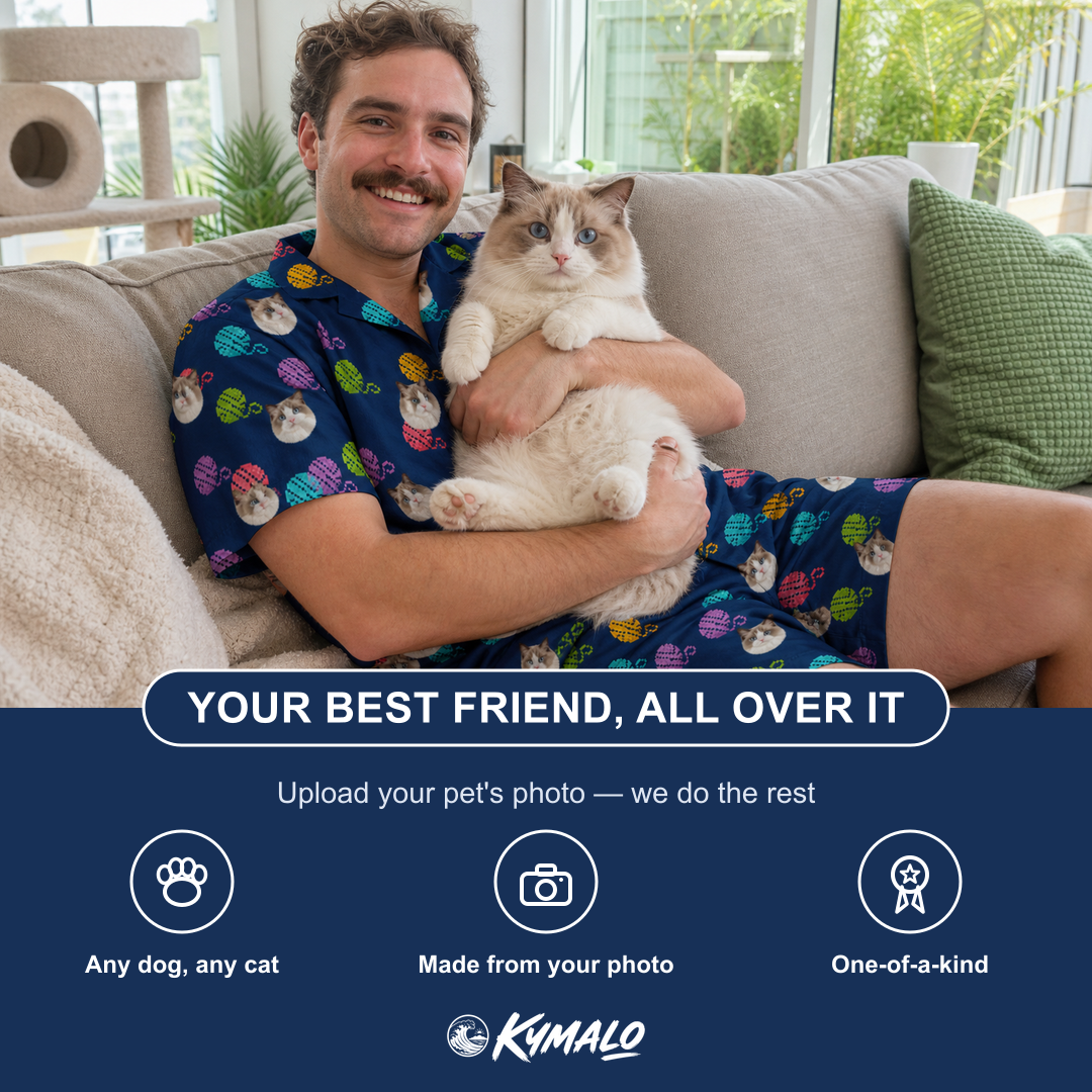 Friends in matching Men's Yarn Yowls Custom Cat Face Shirt & Shorts Set — a group gift photo