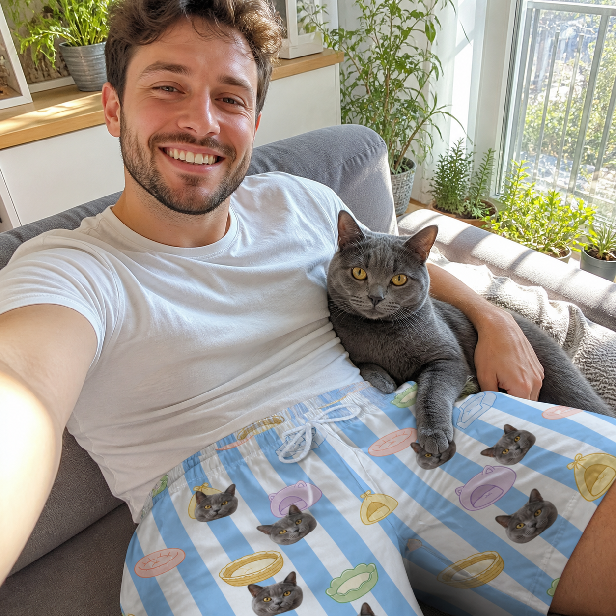 Selfie with the pet whose face is printed all over this Men's Naptime Nooks Custom Cat Face Beach Shorts