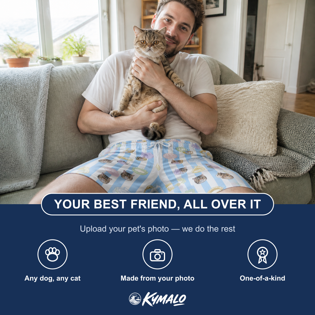 Friends in matching Men's Naptime Nooks Custom Cat Face Beach Shorts — a group gift photo