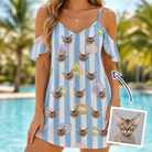 Woman wearing Women's Naptime Nooks Custom Cat Face Off-Shoulder Dress — custom faces printed all-over