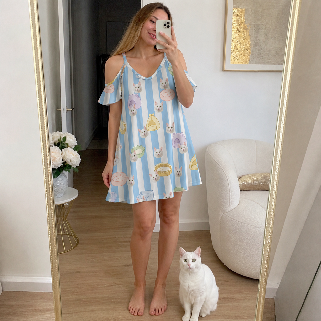 Full-length photo with the pet printed all over this Women's Naptime Nooks Custom Cat Face Off-Shoulder Dress
