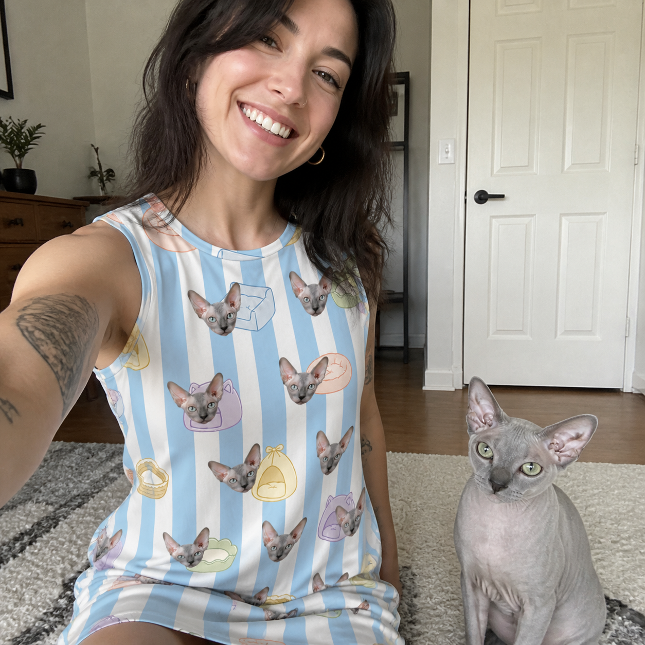 Selfie with the pet whose face is printed all over this Women's Naptime Nooks Custom Cat Face Tank Dress