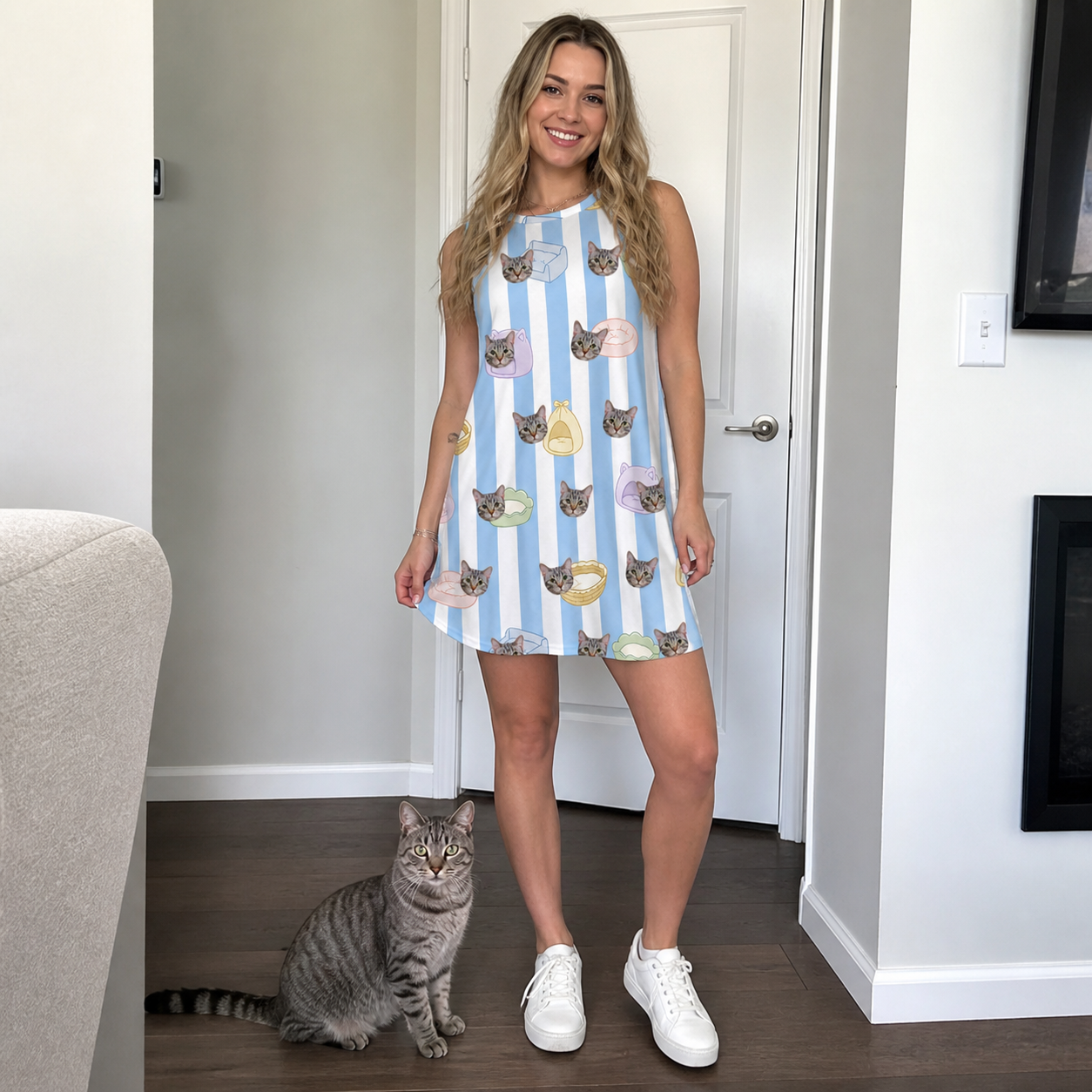 Full-length photo with the pet printed all over this Women's Naptime Nooks Custom Cat Face Tank Dress