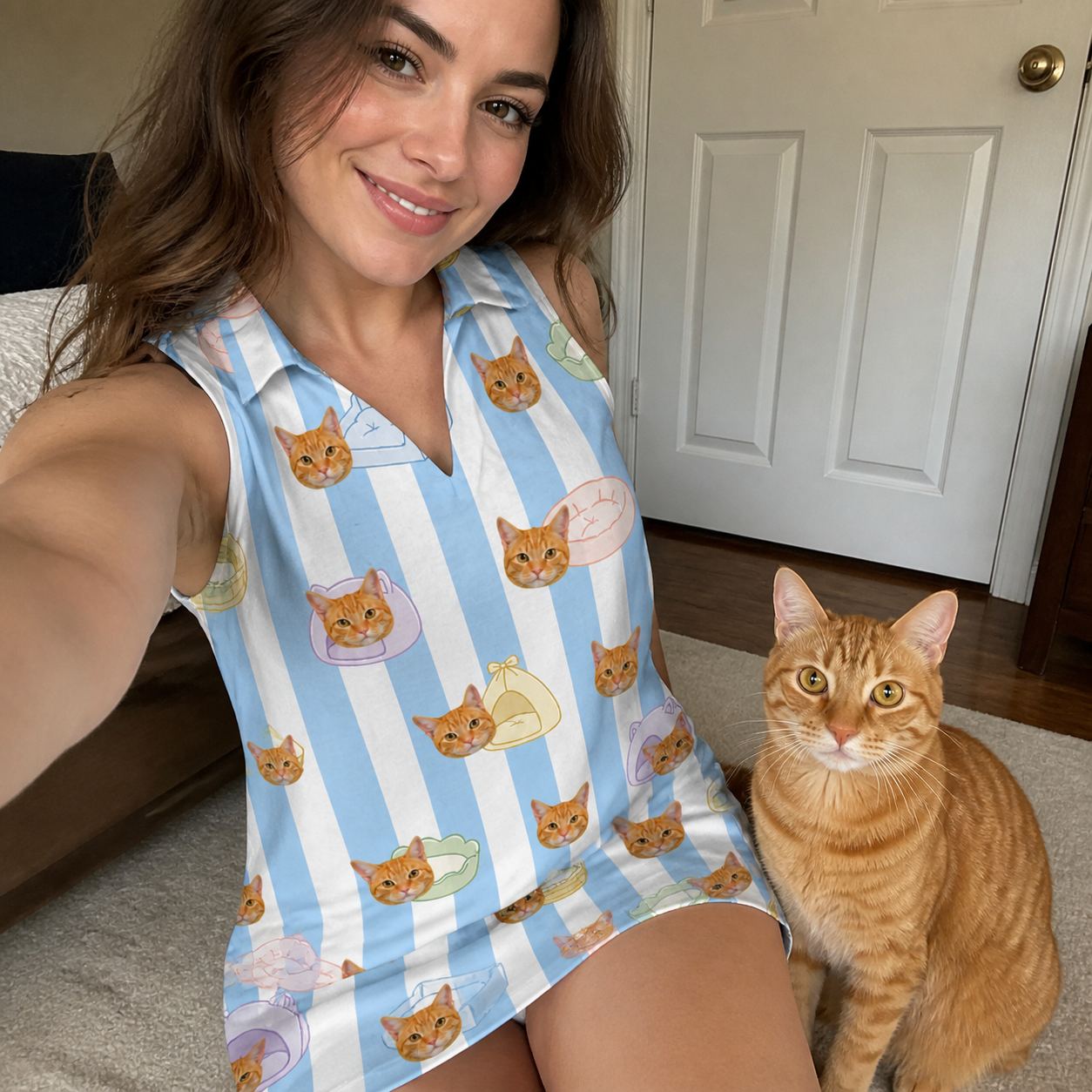 Selfie with the pet whose face is printed all over this Women's Naptime Nooks Custom Cat Face V-Neck Dress