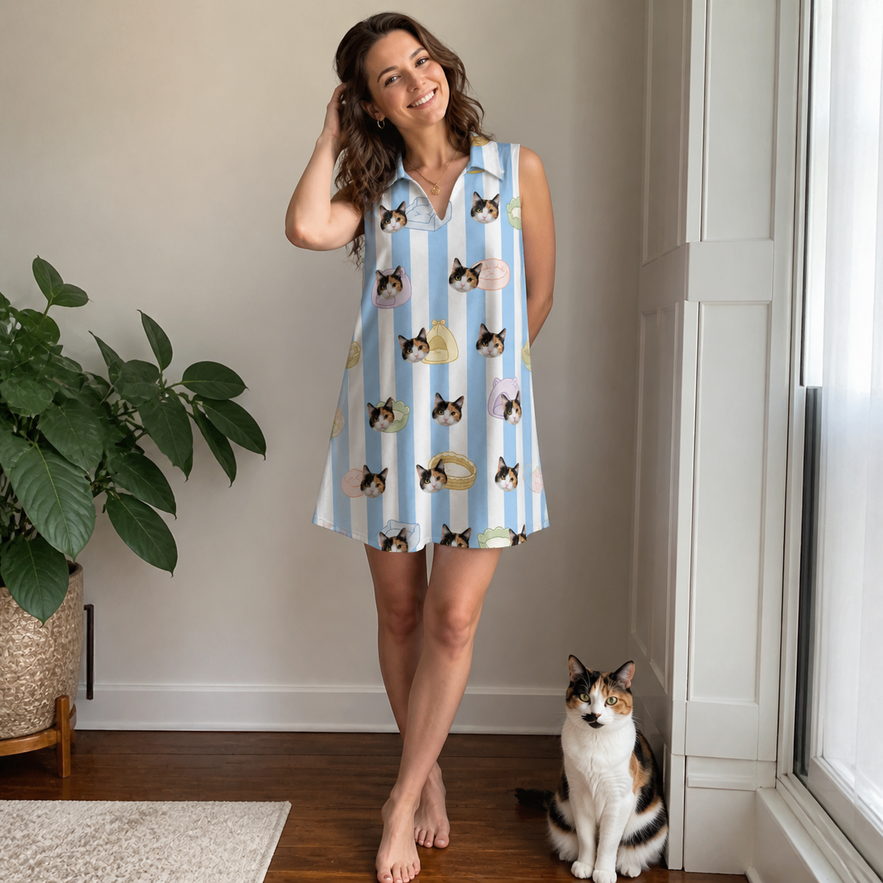 Full-length photo with the pet printed all over this Women's Naptime Nooks Custom Cat Face V-Neck Dress