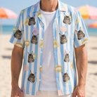 Man wearing Men's Naptime Nooks Custom Cat Face Hawaiian Shirt open over a white tee