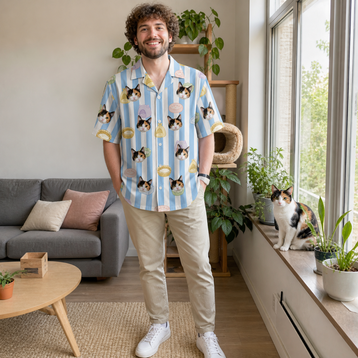Full-length photo with the pet printed all over this Men's Naptime Nooks Custom Cat Face Hawaiian Shirt