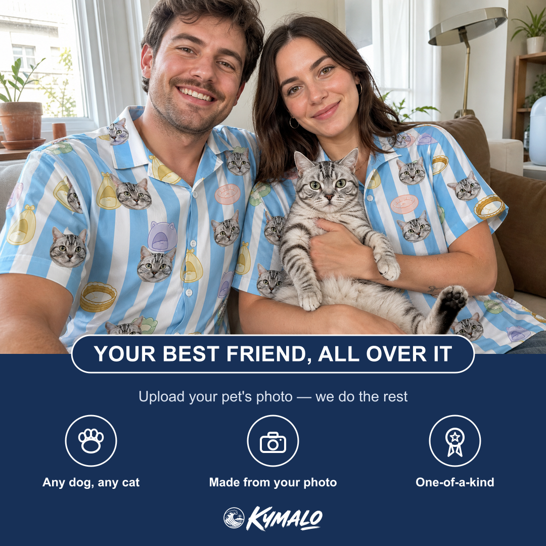 Friends in matching Men's Naptime Nooks Custom Cat Face Hawaiian Shirt — a group gift photo