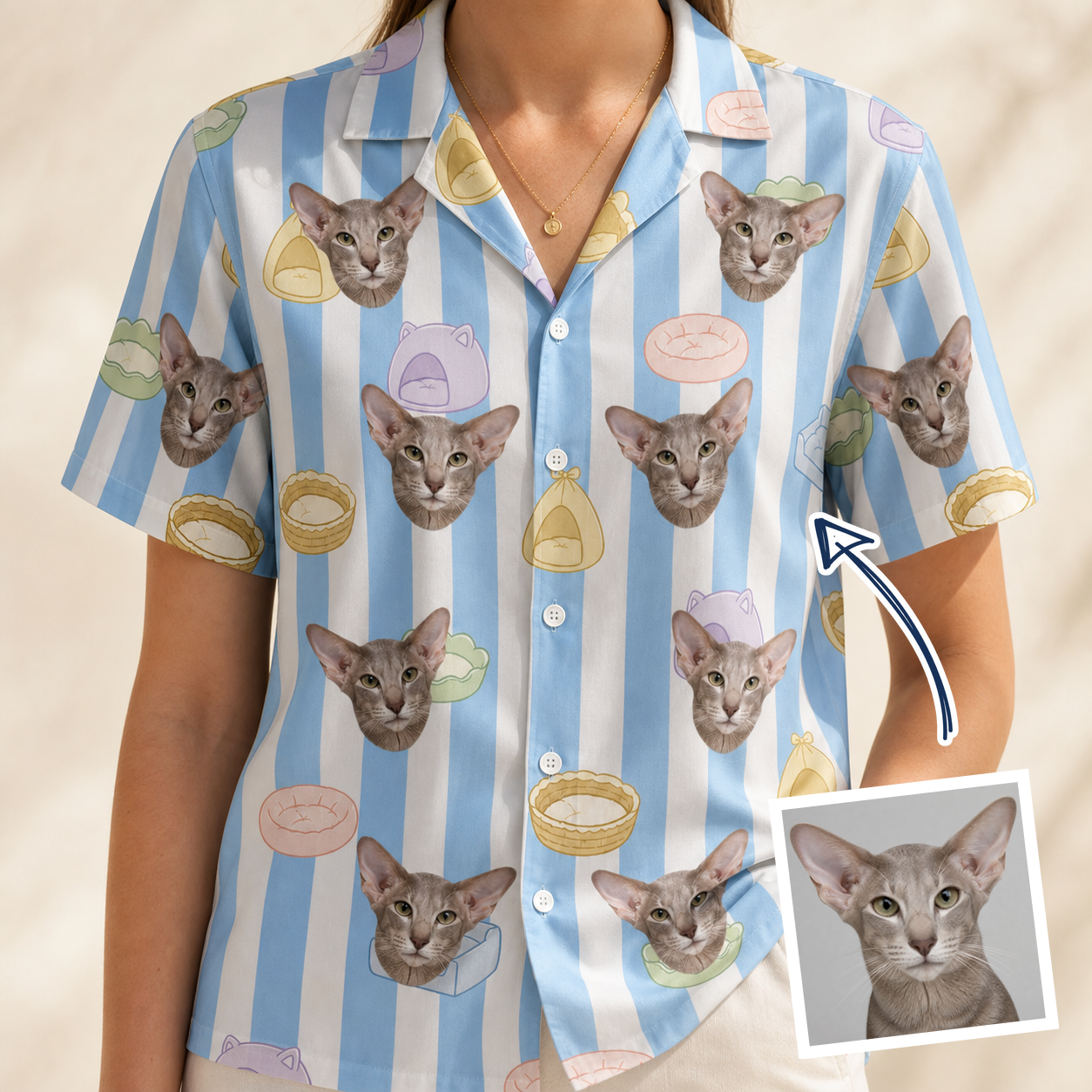 Woman wearing Women's Naptime Nooks Custom Cat Face Hawaiian Shirt — custom faces printed all-over