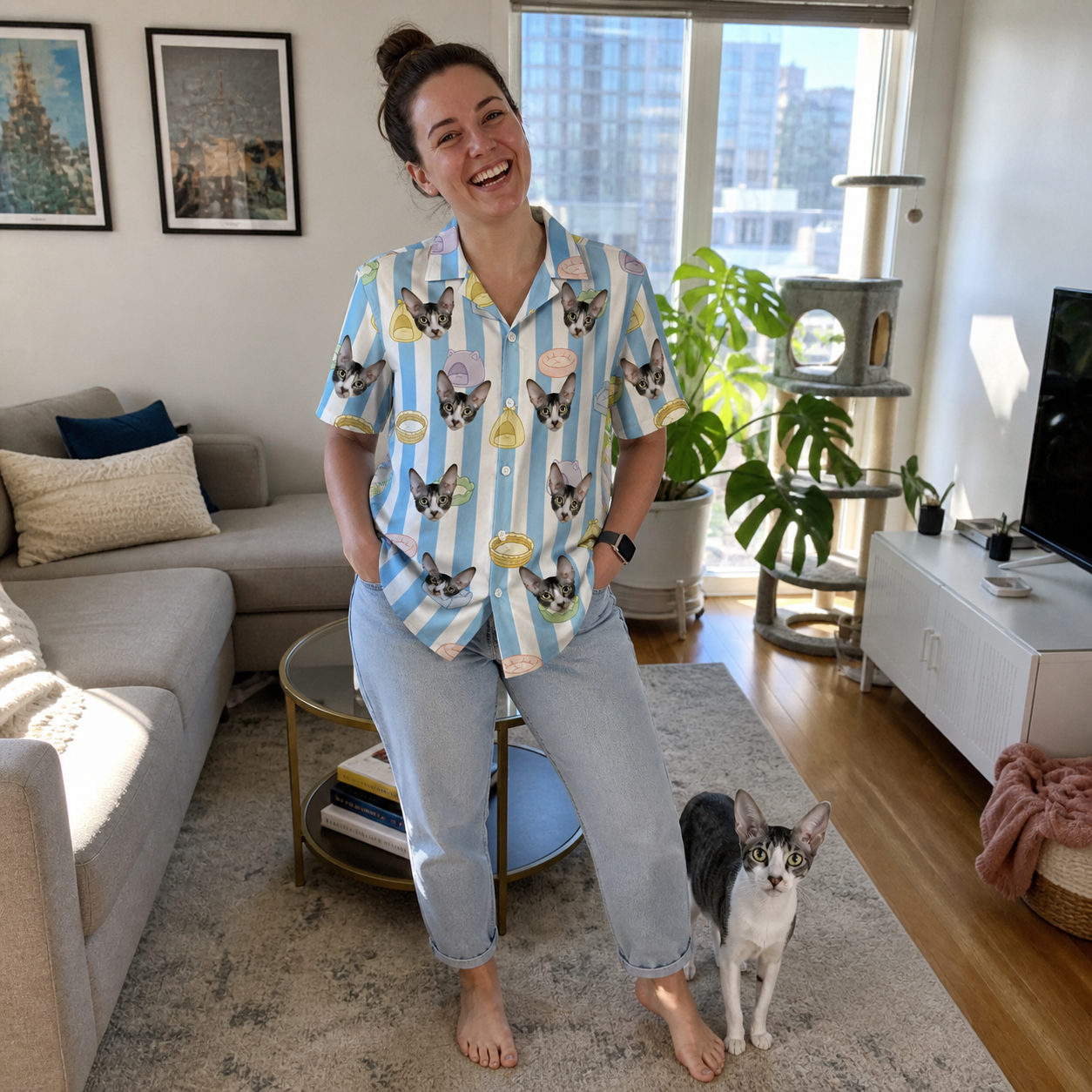 Full-length photo with the pet printed all over this Women's Naptime Nooks Custom Cat Face Hawaiian Shirt