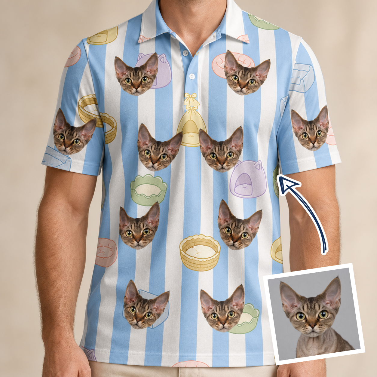 Man wearing Men's Naptime Nooks Custom Cat Face Polo Shirt — custom faces printed all-over