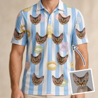 Man wearing Men's Naptime Nooks Custom Cat Face Polo Shirt — custom faces printed all-over