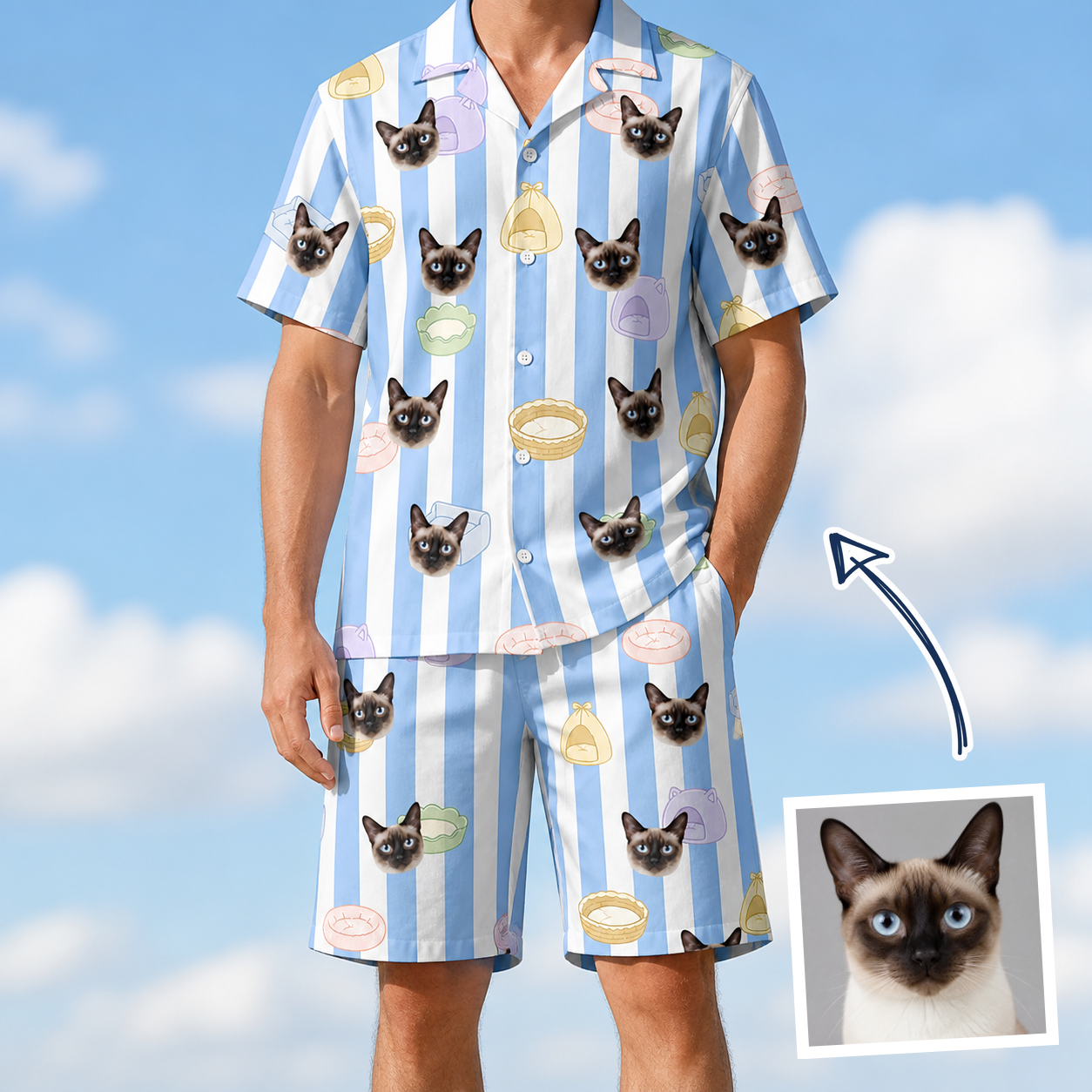 Man wearing Men's Naptime Nooks Custom Cat Face Shirt & Shorts Set — custom faces printed all-over