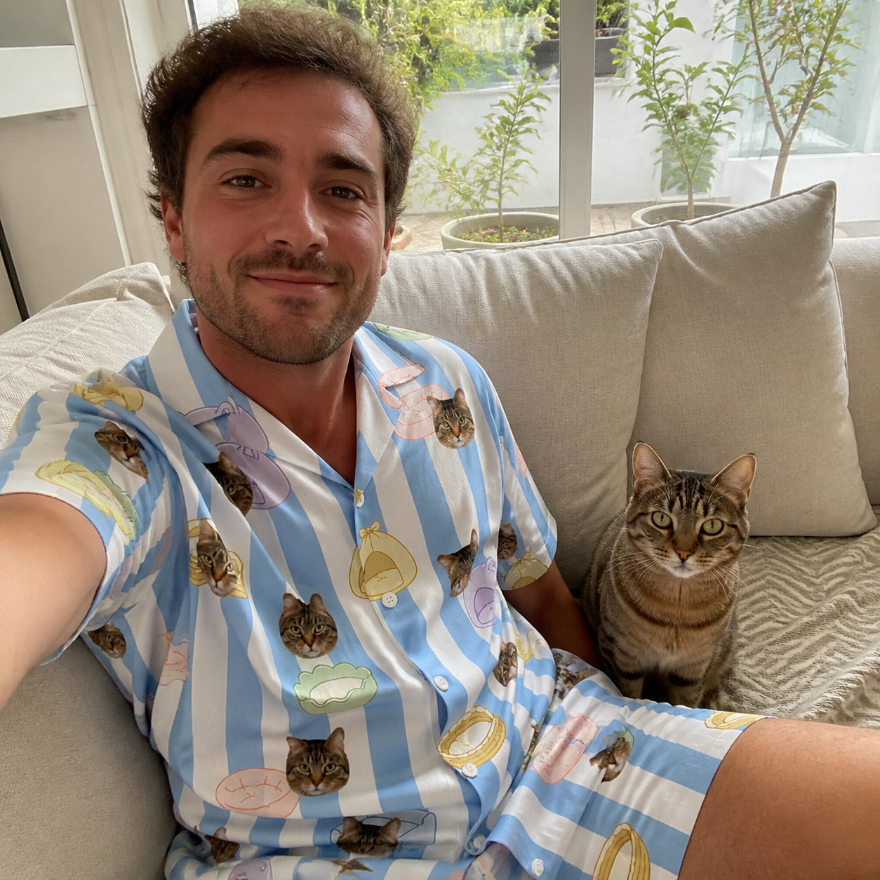 Selfie with the pet whose face is printed all over this Men's Naptime Nooks Custom Cat Face Shirt & Shorts Set