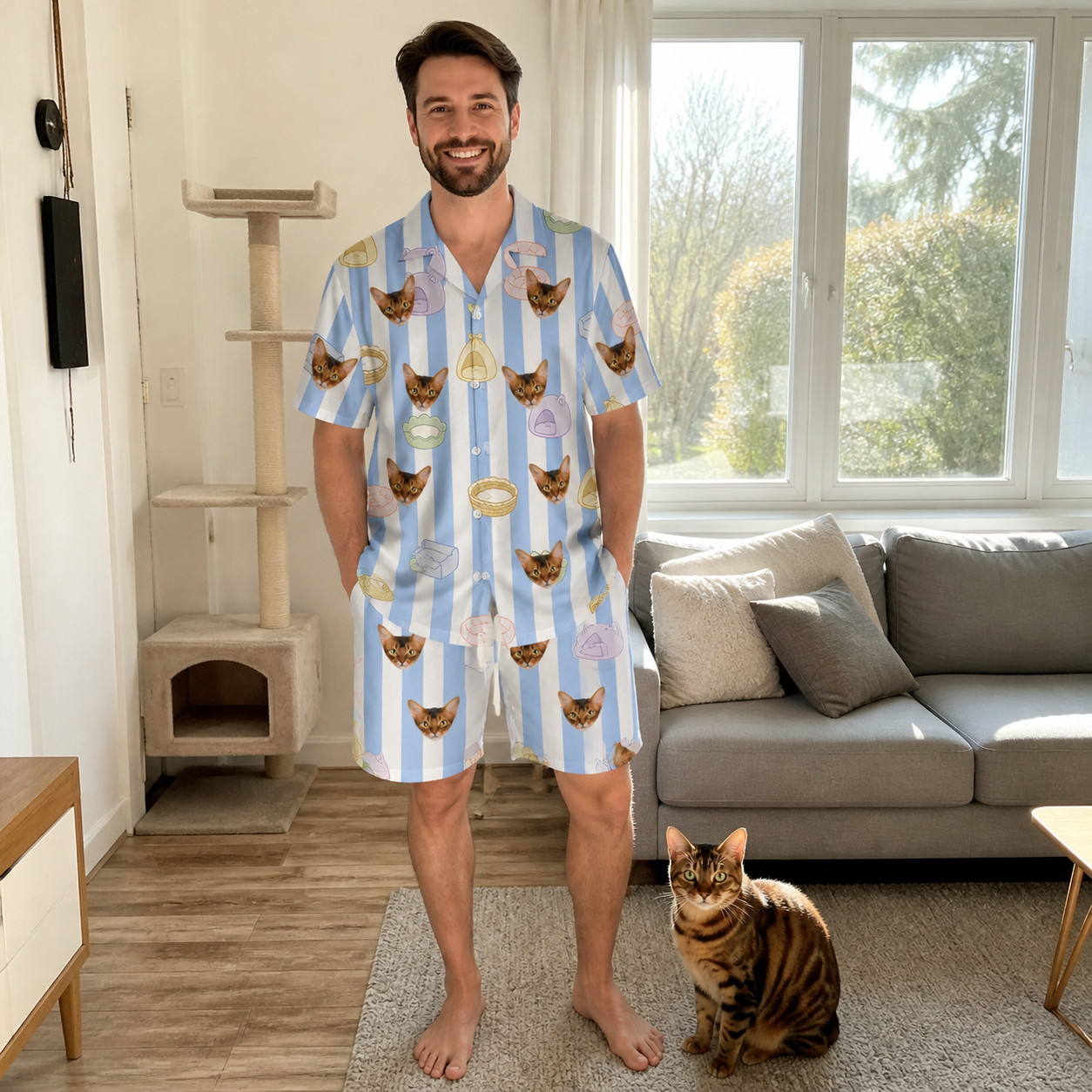 Full-length photo with the pet printed all over this Men's Naptime Nooks Custom Cat Face Shirt & Shorts Set