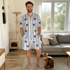 Full-length photo with the pet printed all over this Men's Naptime Nooks Custom Cat Face Shirt & Shorts Set
