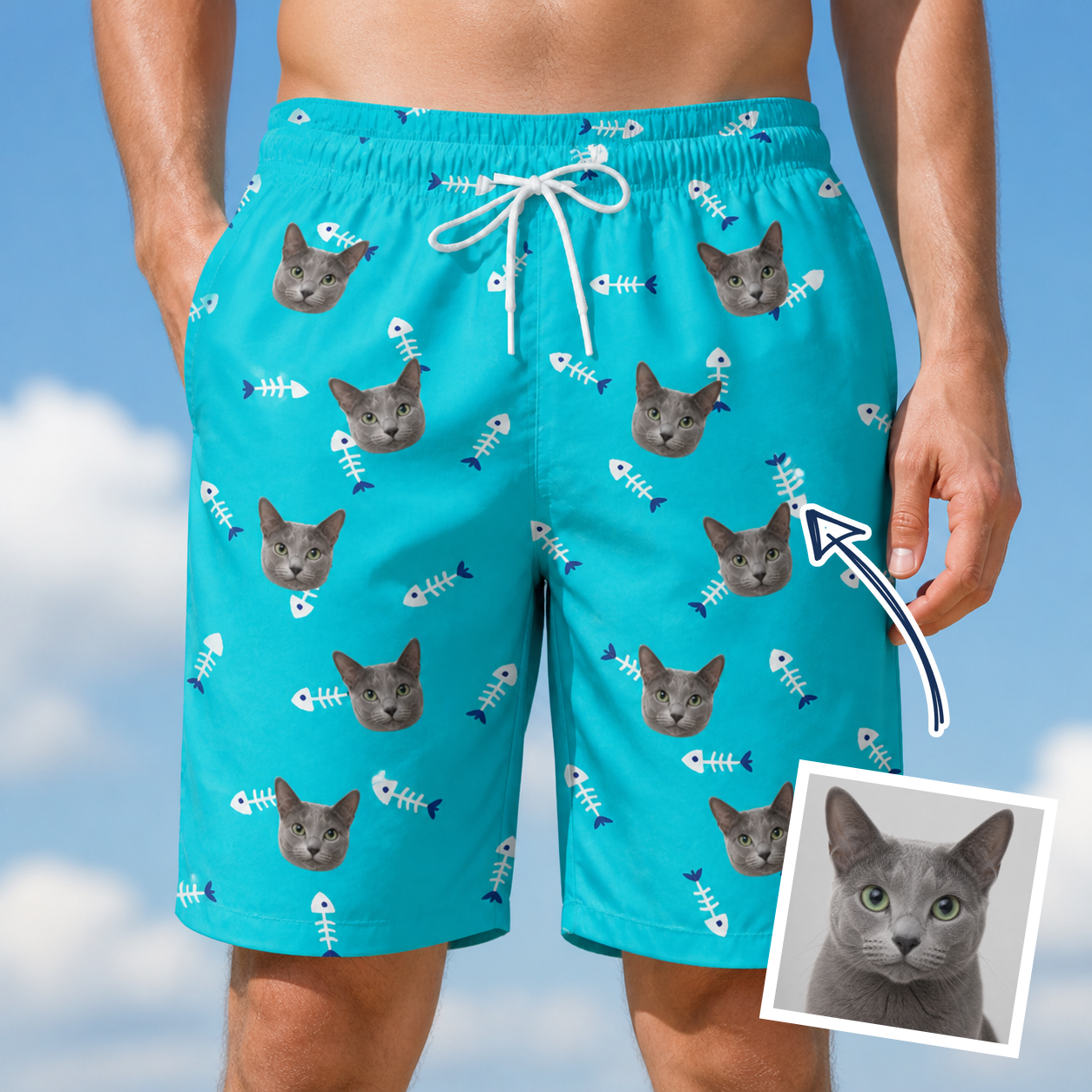 Man wearing Men's Purrfect Pisces Custom Cat Face Beach Shorts — custom faces printed all-over