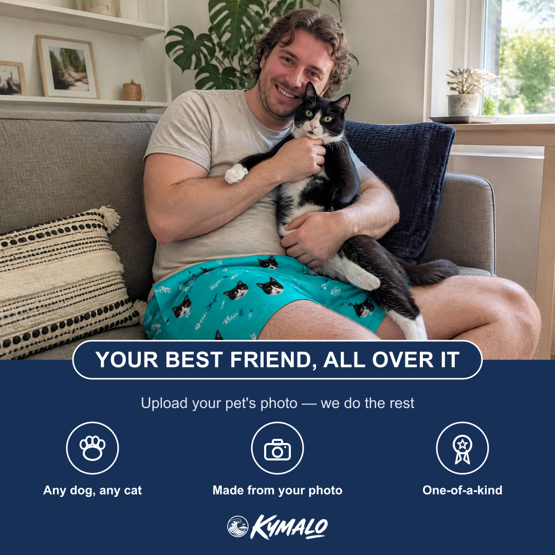 Friends in matching Men's Purrfect Pisces Custom Cat Face Beach Shorts — a group gift photo