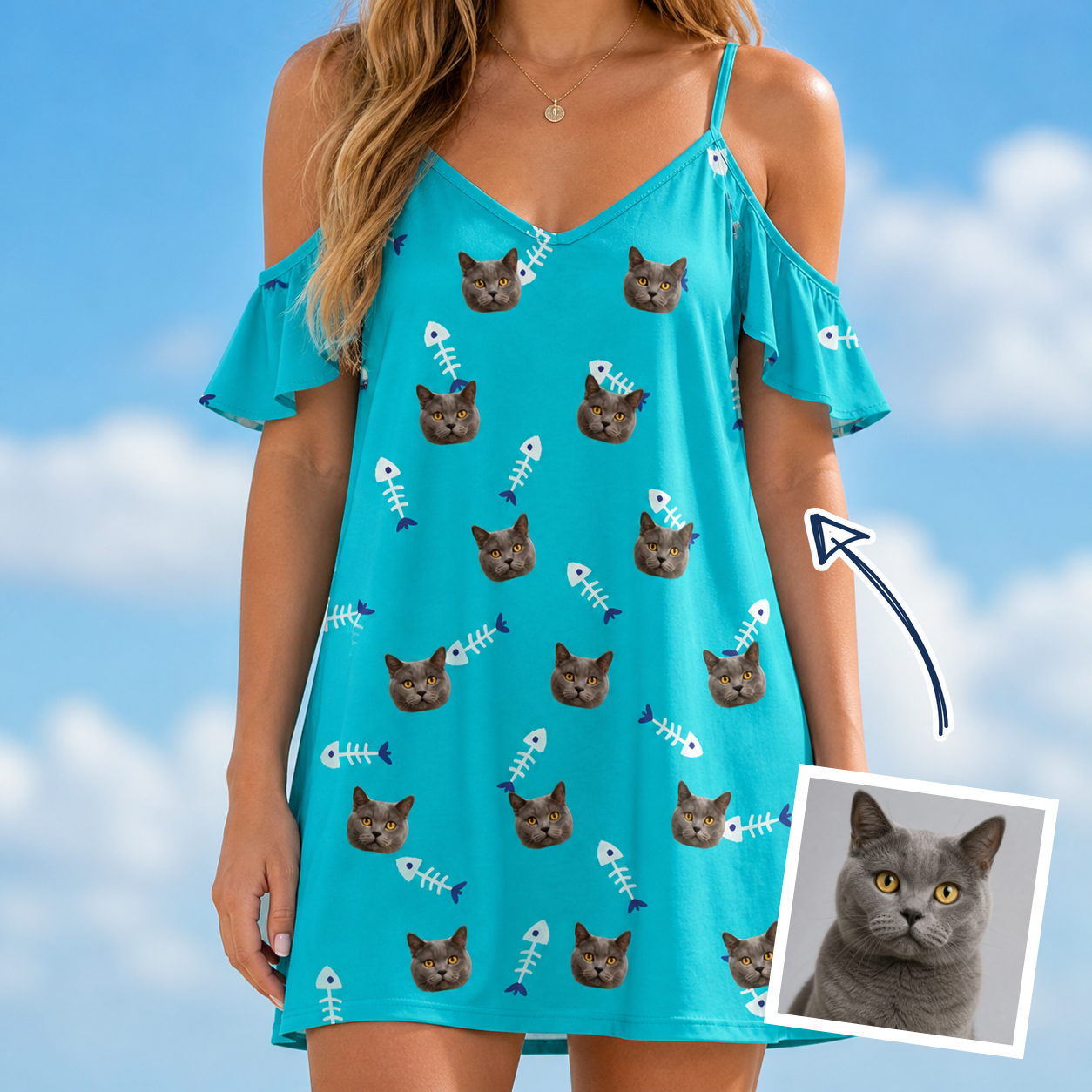 Woman wearing Women's Purrfect Pisces Custom Cat Face Off-Shoulder Dress — custom faces printed all-over