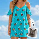 Woman wearing Women's Purrfect Pisces Custom Cat Face Off-Shoulder Dress — custom faces printed all-over