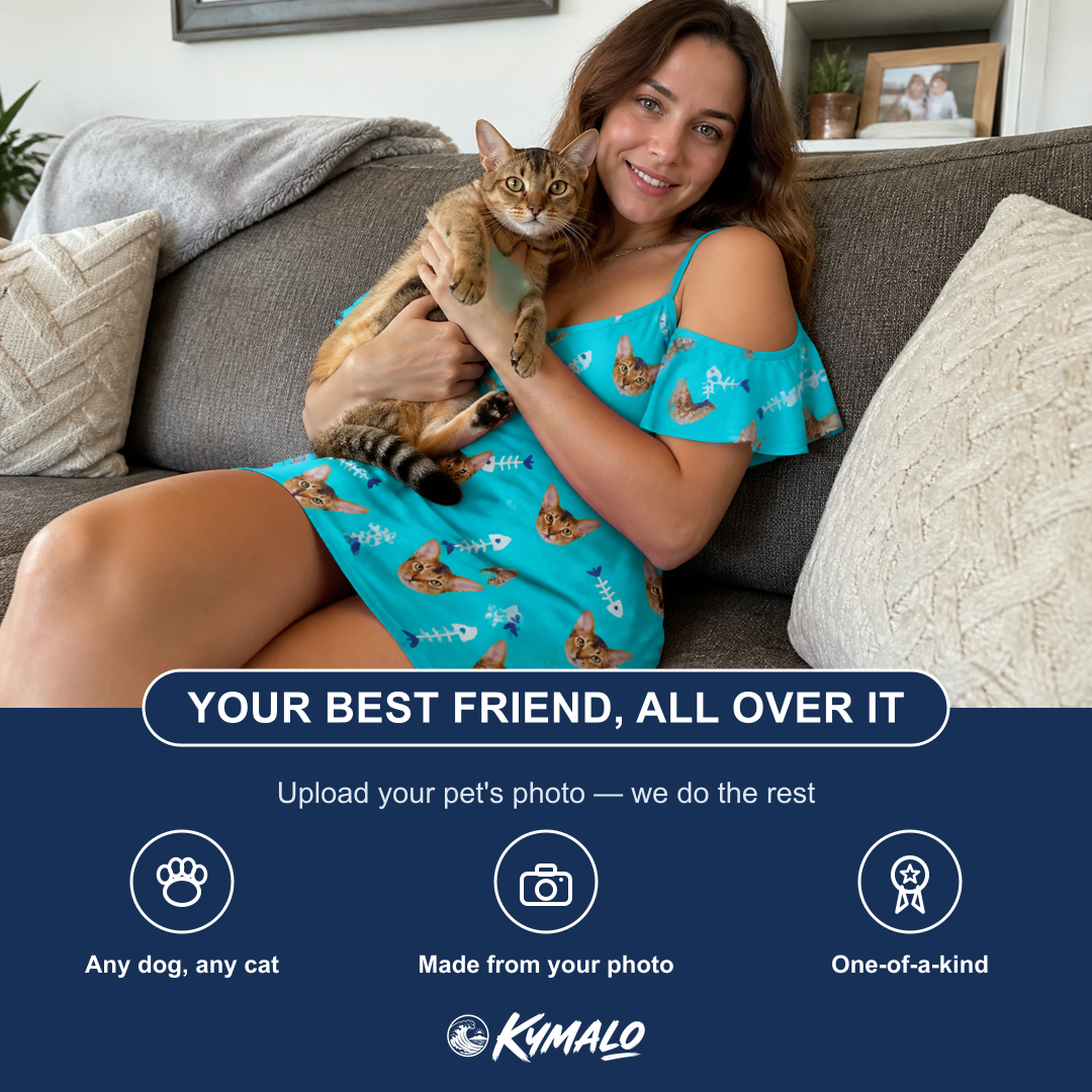 Friends in matching Women's Purrfect Pisces Custom Cat Face Off-Shoulder Dress — a group gift photo