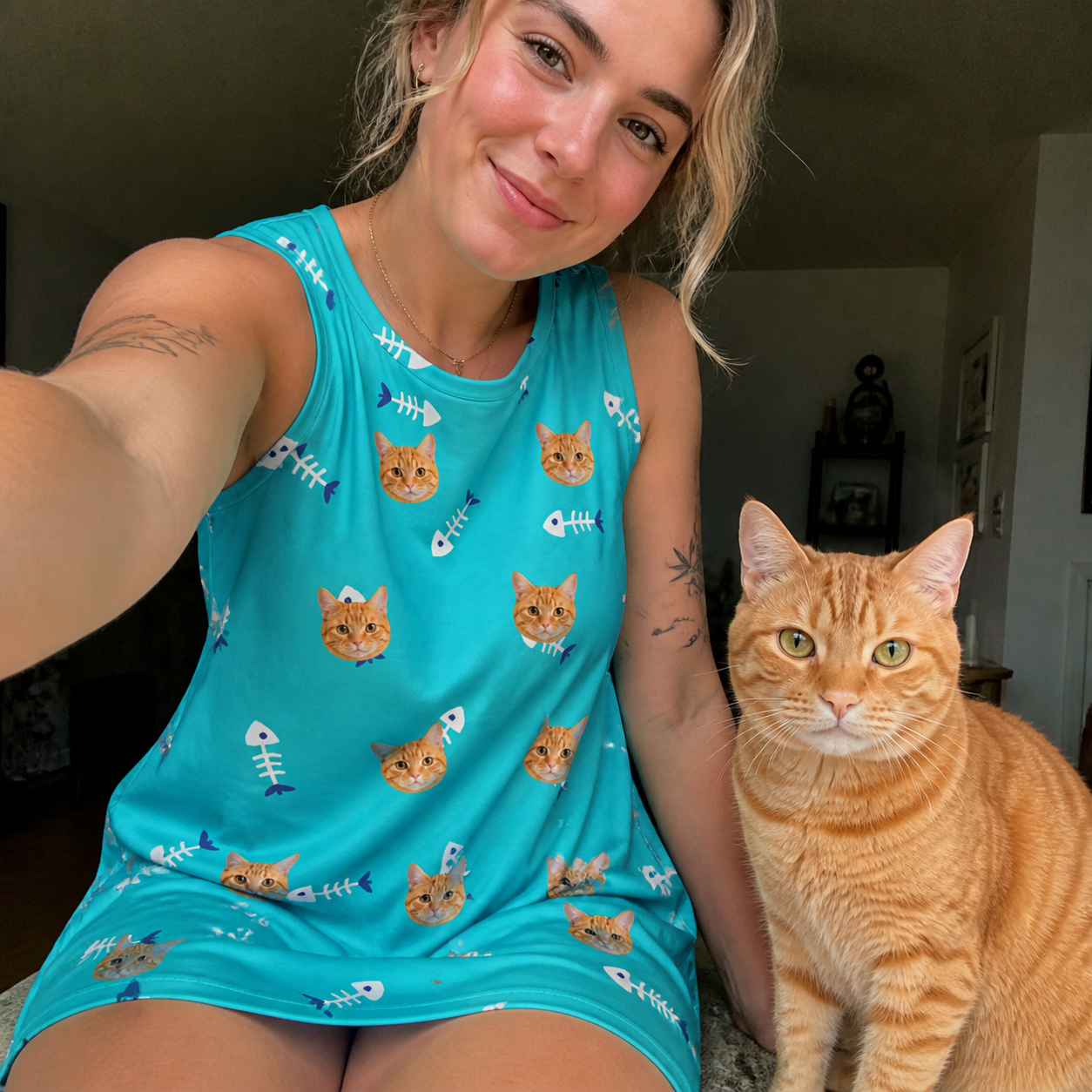 Selfie with the pet whose face is printed all over this Women's Purrfect Pisces Custom Cat Face Tank Dress