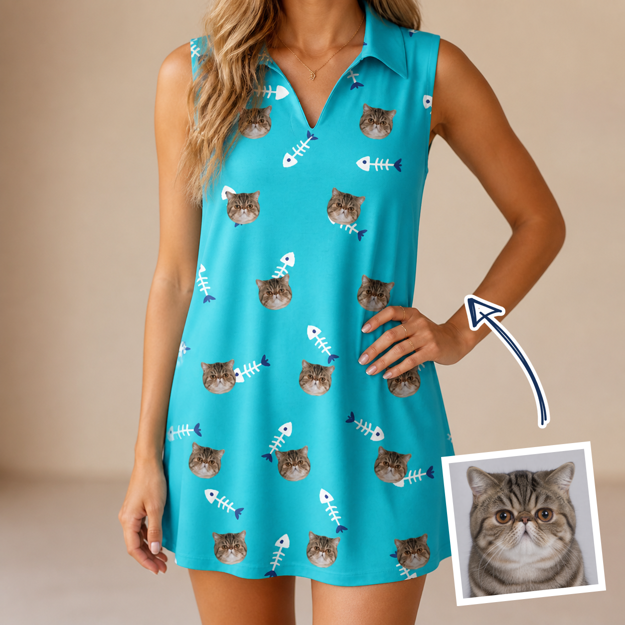 Woman wearing Women's Purrfect Pisces Custom Cat Face V-Neck Dress — custom faces printed all-over