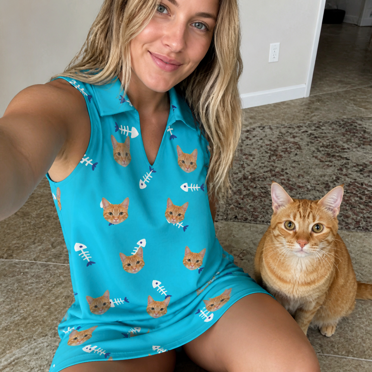 Selfie with the pet whose face is printed all over this Women's Purrfect Pisces Custom Cat Face V-Neck Dress