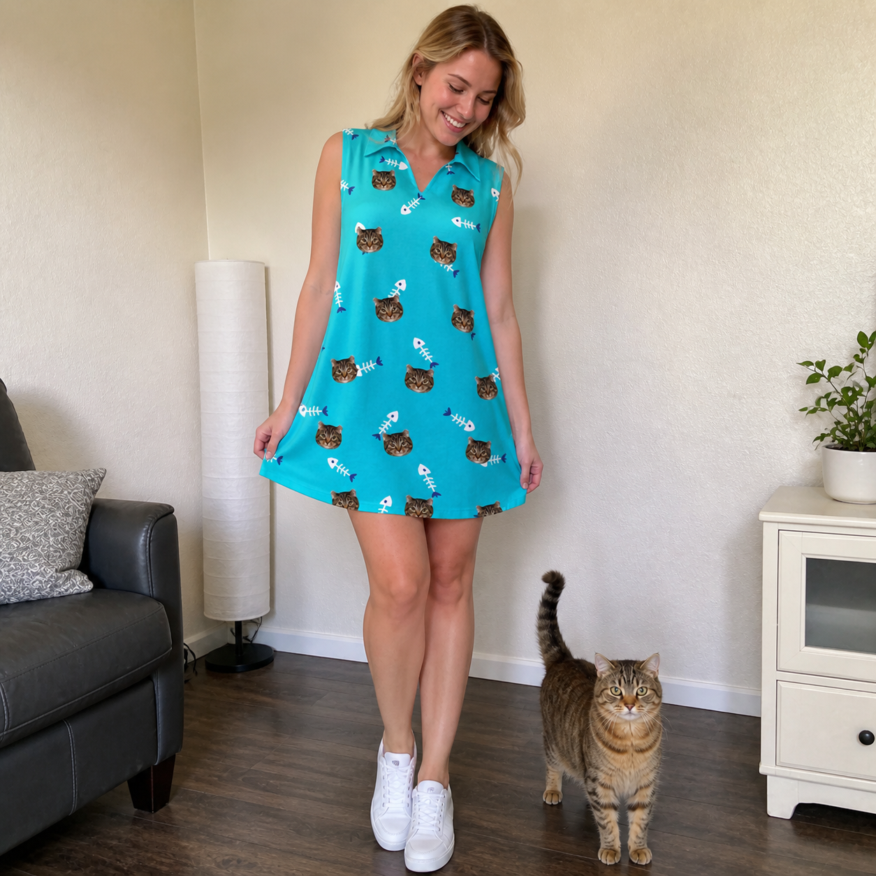 Full-length photo with the pet printed all over this Women's Purrfect Pisces Custom Cat Face V-Neck Dress