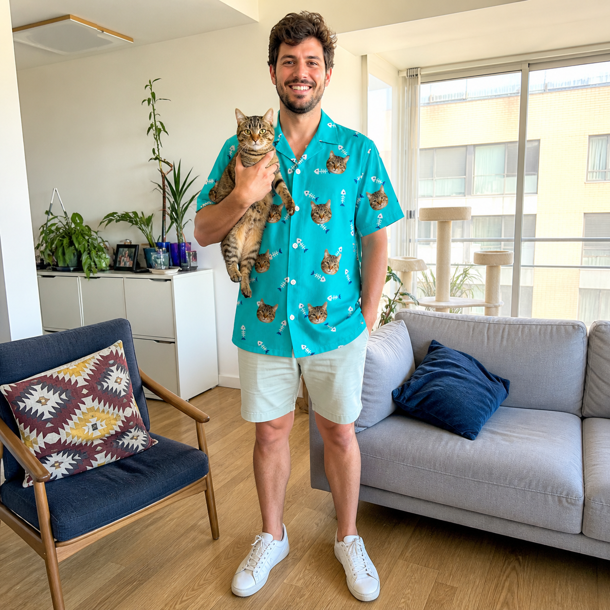 Full-length photo with the pet printed all over this Men's Purrfect Pisces Custom Cat Face Hawaiian Shirt