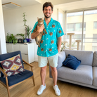 Full-length photo with the pet printed all over this Men's Purrfect Pisces Custom Cat Face Hawaiian Shirt