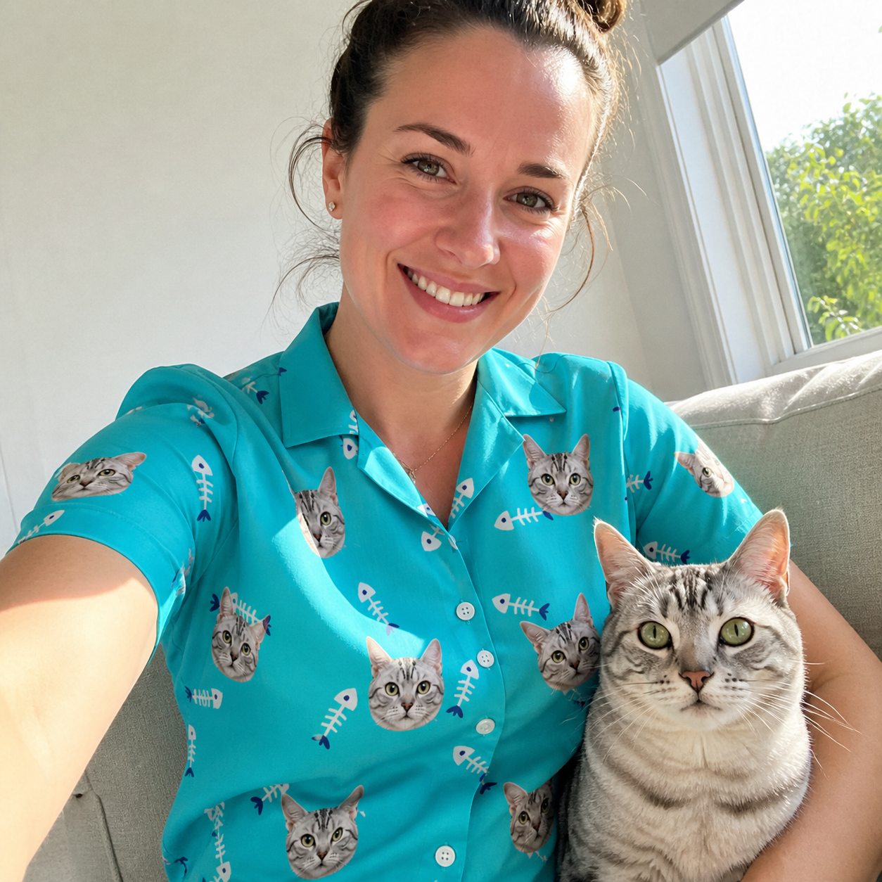 Selfie with the pet whose face is printed all over this Women's Purrfect Pisces Custom Cat Face Hawaiian Shirt