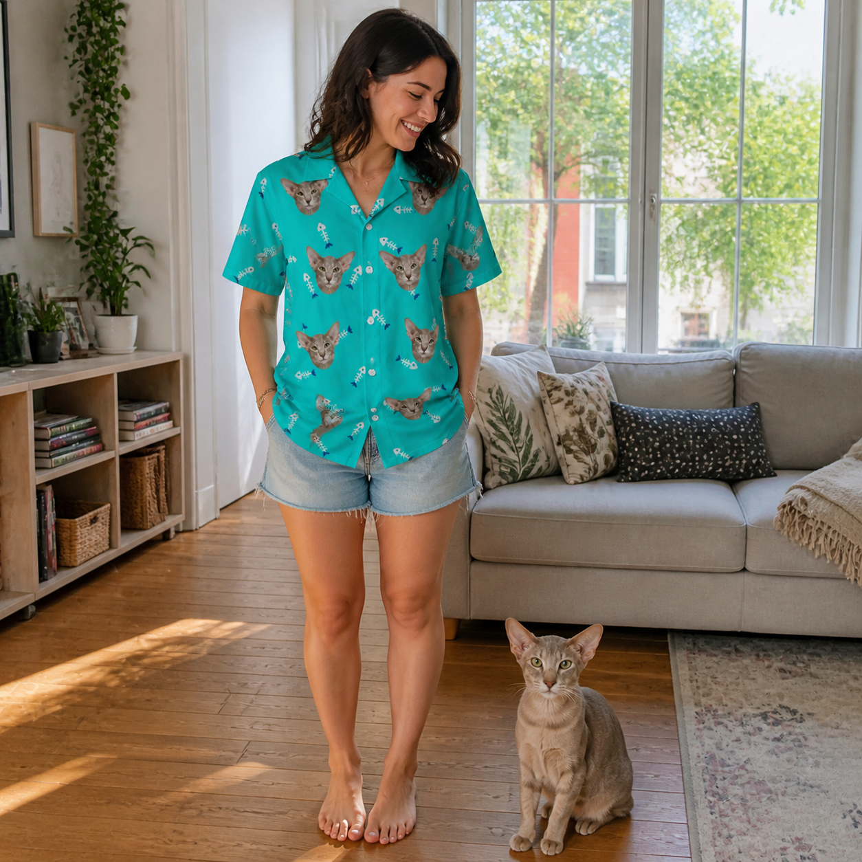 Full-length photo with the pet printed all over this Women's Purrfect Pisces Custom Cat Face Hawaiian Shirt