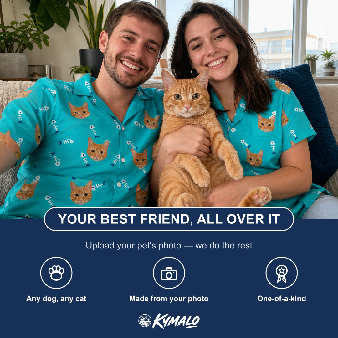 Friends in matching Women's Purrfect Pisces Custom Cat Face Hawaiian Shirt — a group gift photo