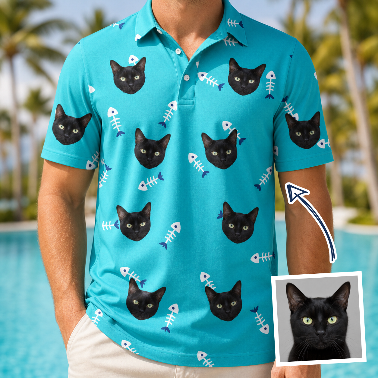 Man wearing Men's Purrfect Pisces Custom Cat Face Polo Shirt — custom faces printed all-over
