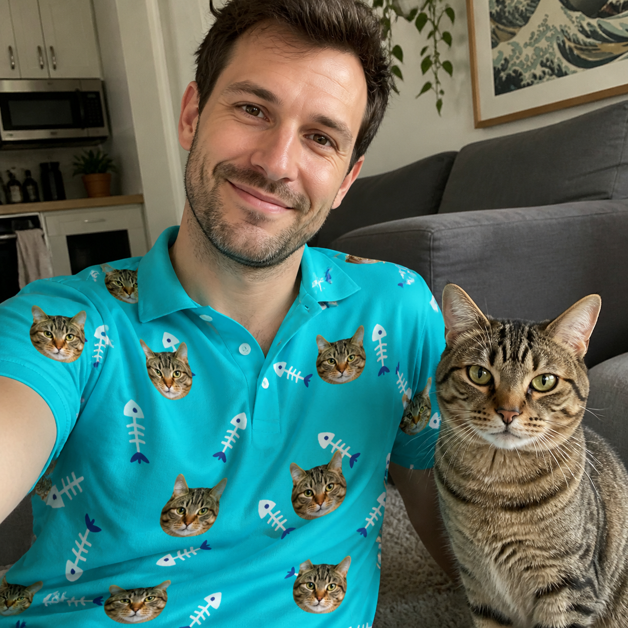 Selfie with the pet whose face is printed all over this Men's Purrfect Pisces Custom Cat Face Polo Shirt
