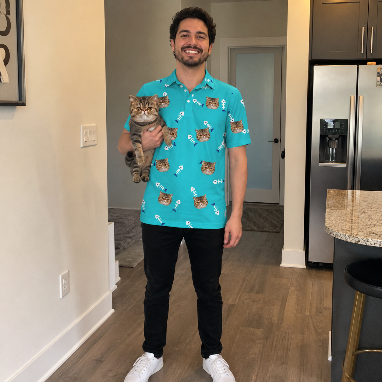 Full-length photo with the pet printed all over this Men's Purrfect Pisces Custom Cat Face Polo Shirt