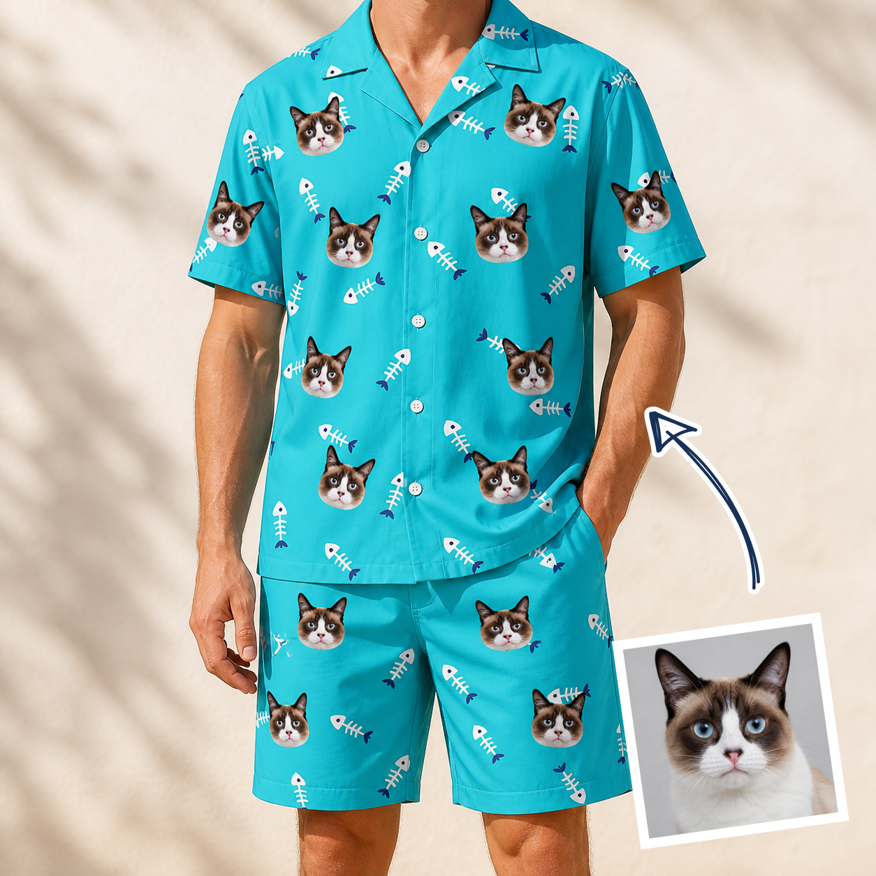 Man wearing Men's Purrfect Pisces Custom Cat Face Shirt & Shorts Set — custom faces printed all-over